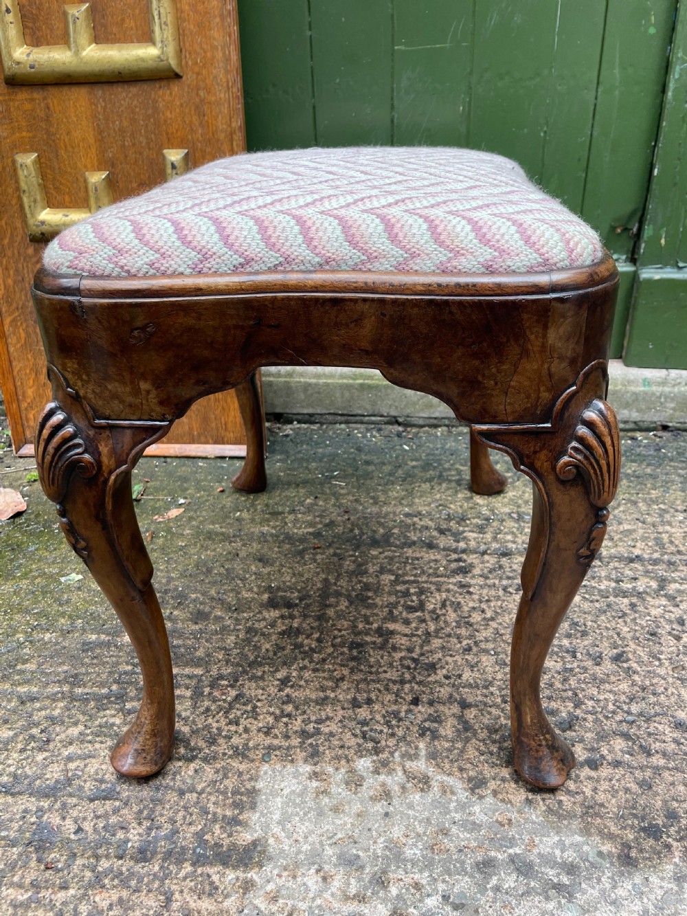 Early C20th Queen Anne period revival carved walnut stool on cabriole legs . View XIV