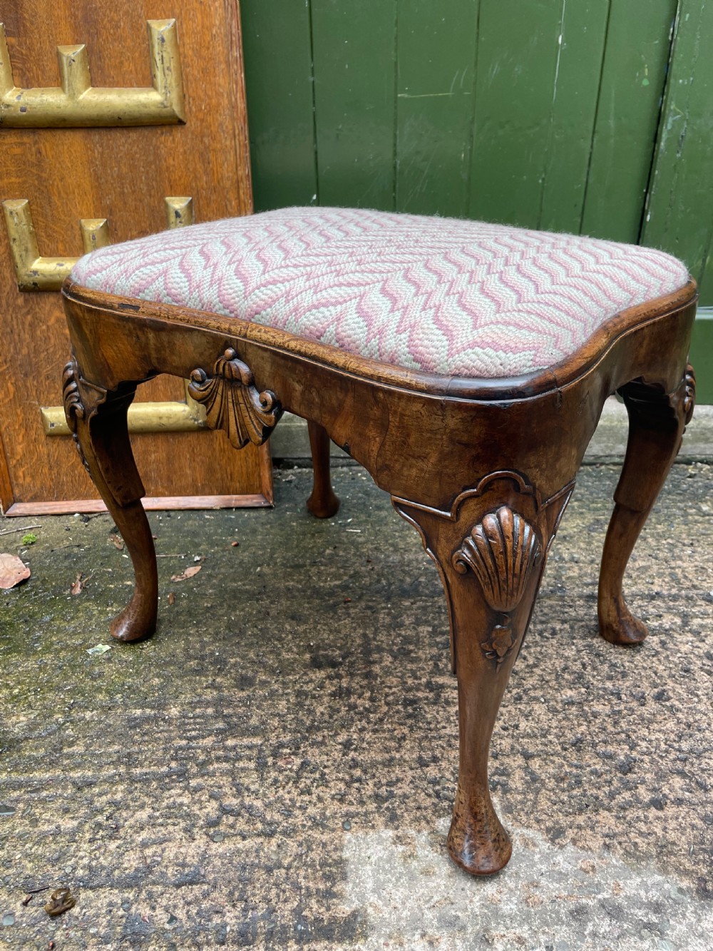 Early C20th Queen Anne period revival carved walnut stool on cabriole legs . View XV