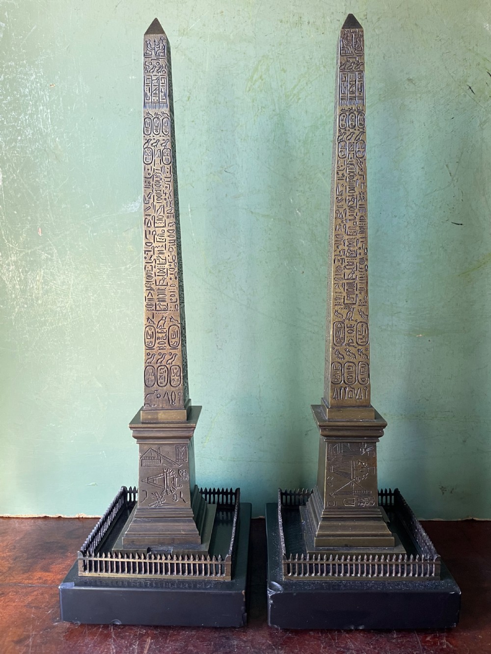 Pair of C19th French ‘Grand Tour’ souvenir bronze reductions of the Luxor obelisk.  View III