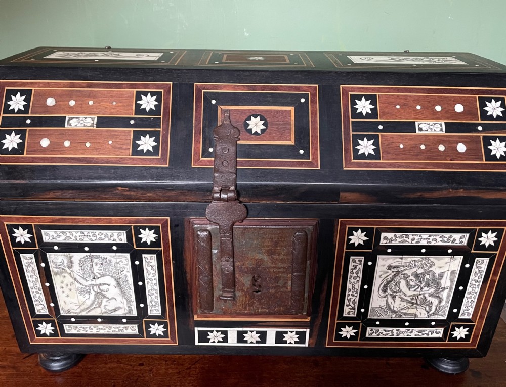 Late nineteenth-century Italian Renaissance Revival wooden table casket featuring intricate bone inlay with classical figures and geometric star motifs. View III