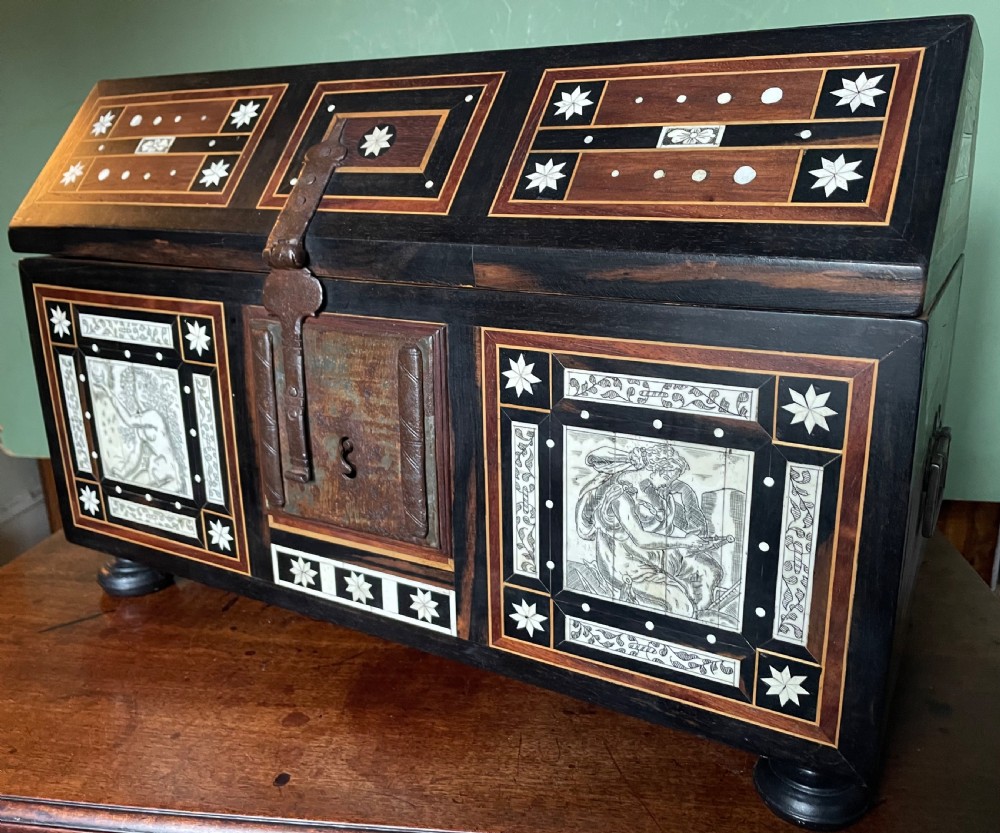 Late nineteenth-century Italian Renaissance Revival wooden table casket featuring intricate bone inlay with classical figures and geometric star motifs.