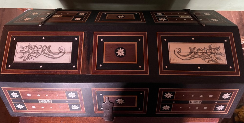 Late nineteenth-century Italian Renaissance Revival wooden table casket featuring intricate bone inlay with classical figures and geometric star motifs. View V