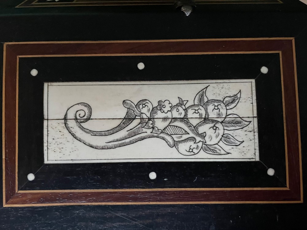 Late nineteenth-century Italian Renaissance Revival wooden table casket featuring intricate bone inlay with classical figures and geometric star motifs. View VII