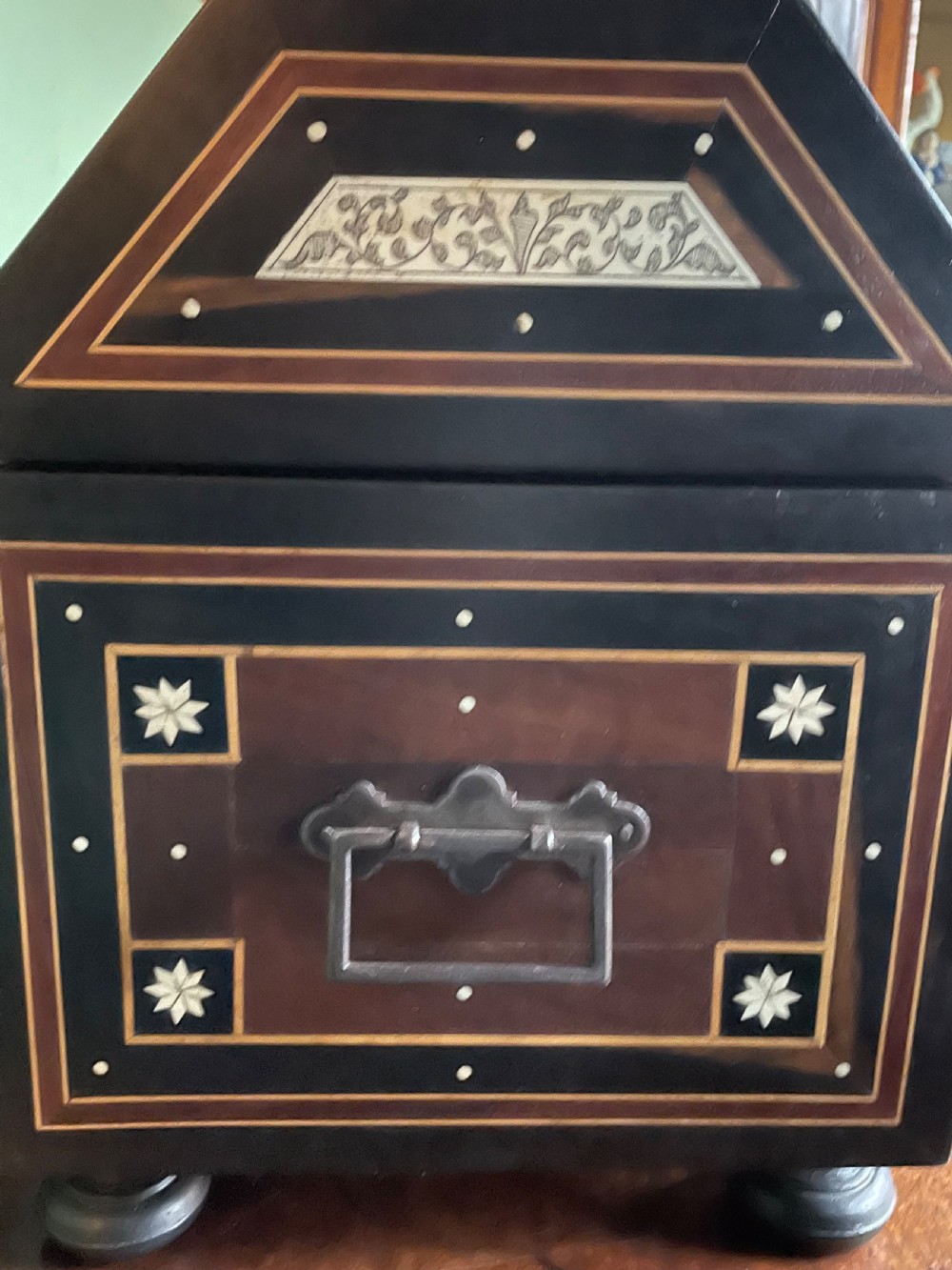 Late nineteenth-century Italian Renaissance Revival wooden table casket featuring intricate bone inlay with classical figures and geometric star motifs. View VIII