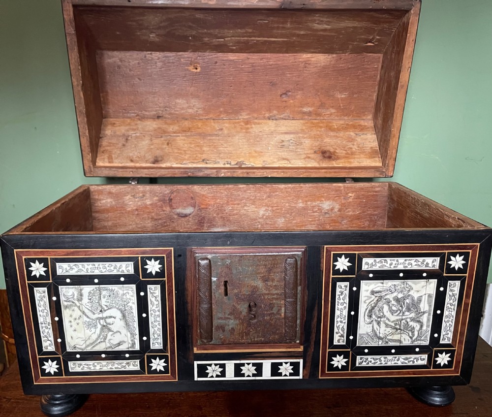 Late nineteenth-century Italian Renaissance Revival wooden table casket featuring intricate bone inlay with classical figures and geometric star motifs. View XIII