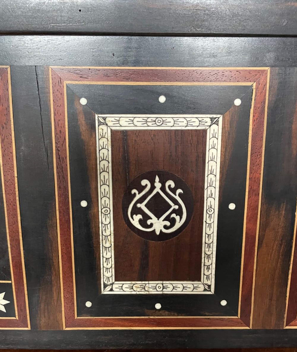 Late nineteenth-century Italian Renaissance Revival wooden table casket featuring intricate bone inlay with classical figures and geometric star motifs. View XVII