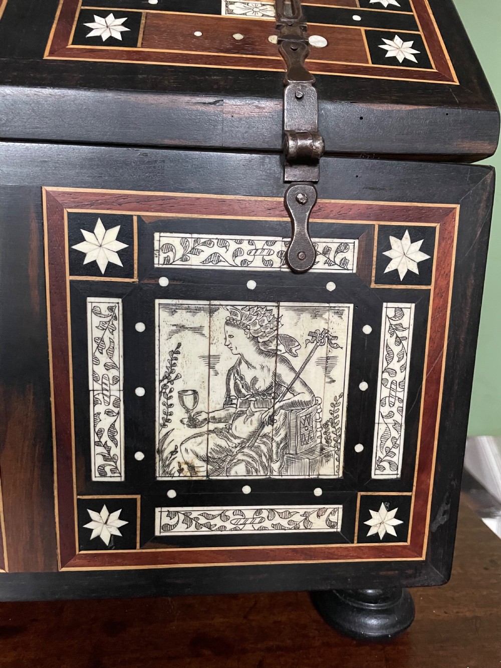 Late nineteenth-century Italian Renaissance Revival wooden table casket featuring intricate bone inlay with classical figures and geometric star motifs. View XVIII