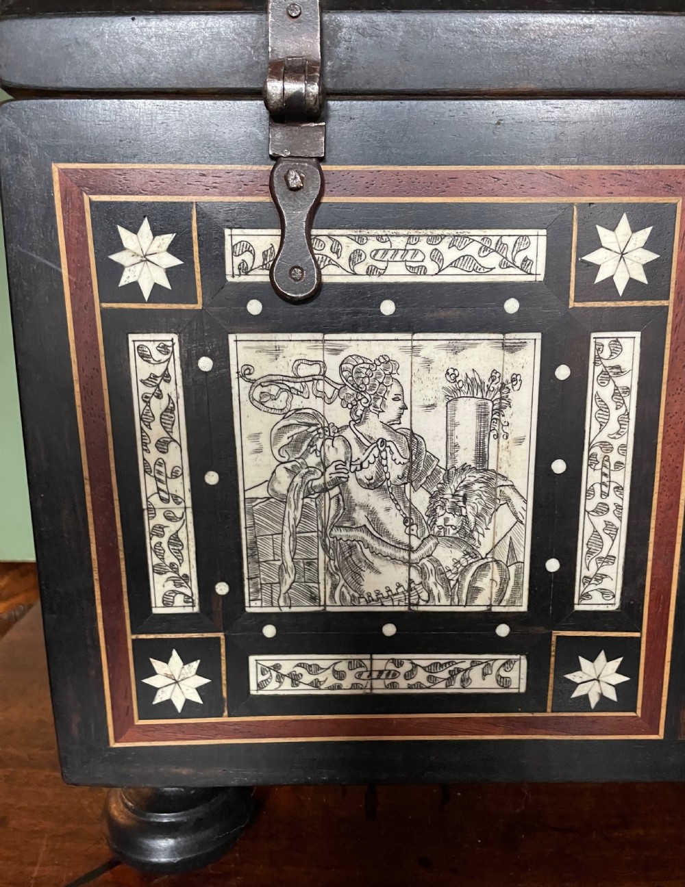 Late nineteenth-century Italian Renaissance Revival wooden table casket featuring intricate bone inlay with classical figures and geometric star motifs. View XIX
