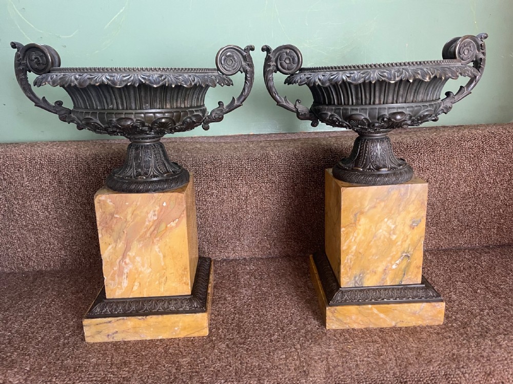 Larger scale pair of early C19th French Charles X period bronze tazzas on siena marble plinth bases . View II