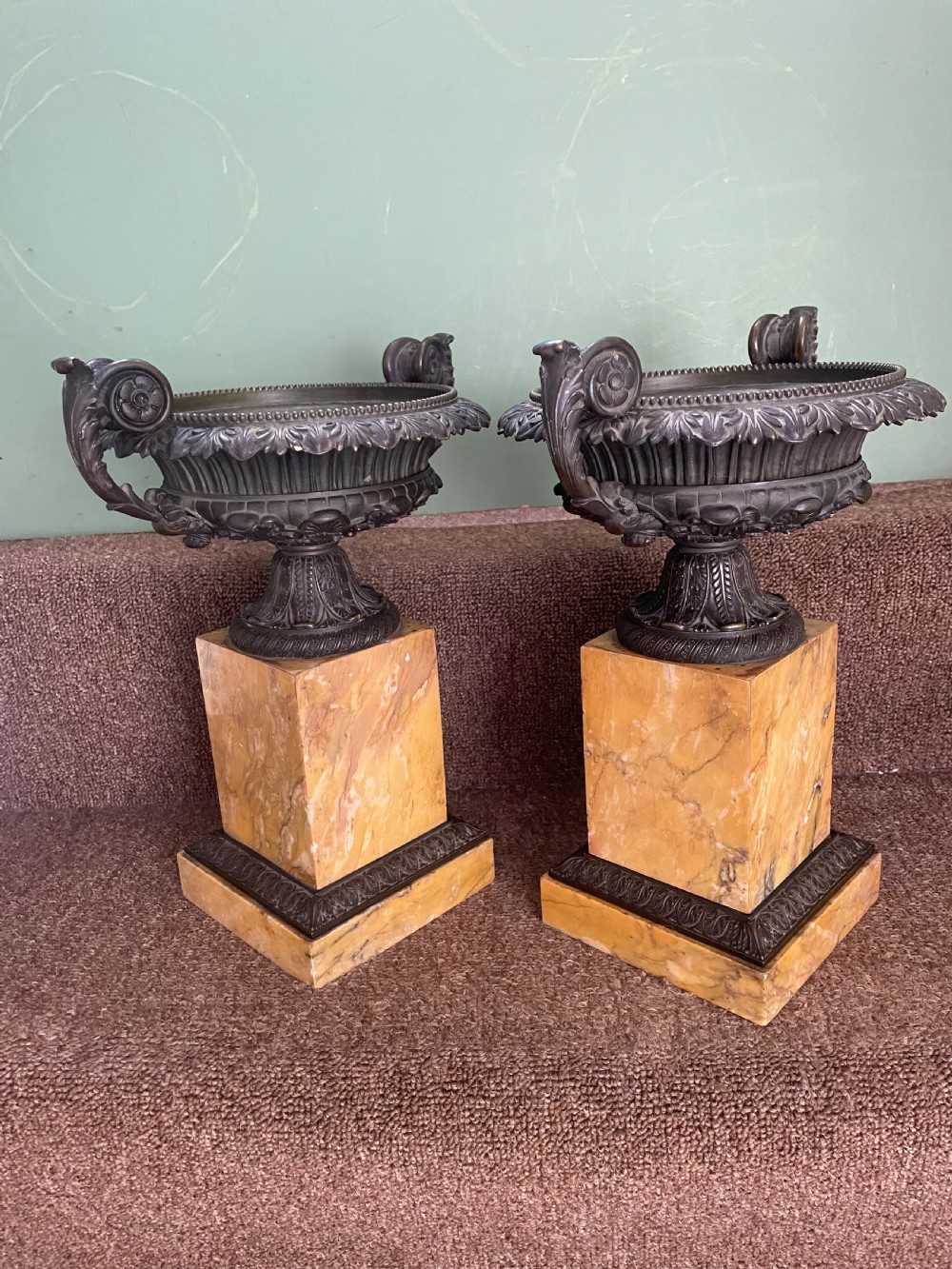 Larger scale pair of early C19th French Charles X period bronze tazzas on siena marble plinth bases . View III