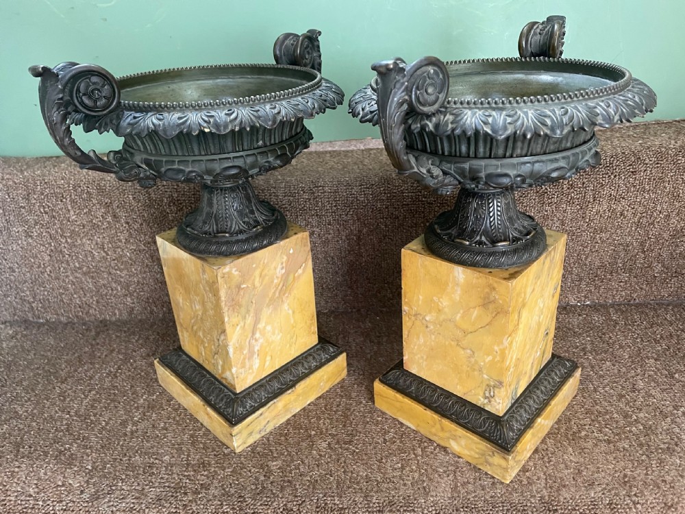 Larger scale pair of early C19th French Charles X period bronze tazzas on siena marble plinth bases . View IV