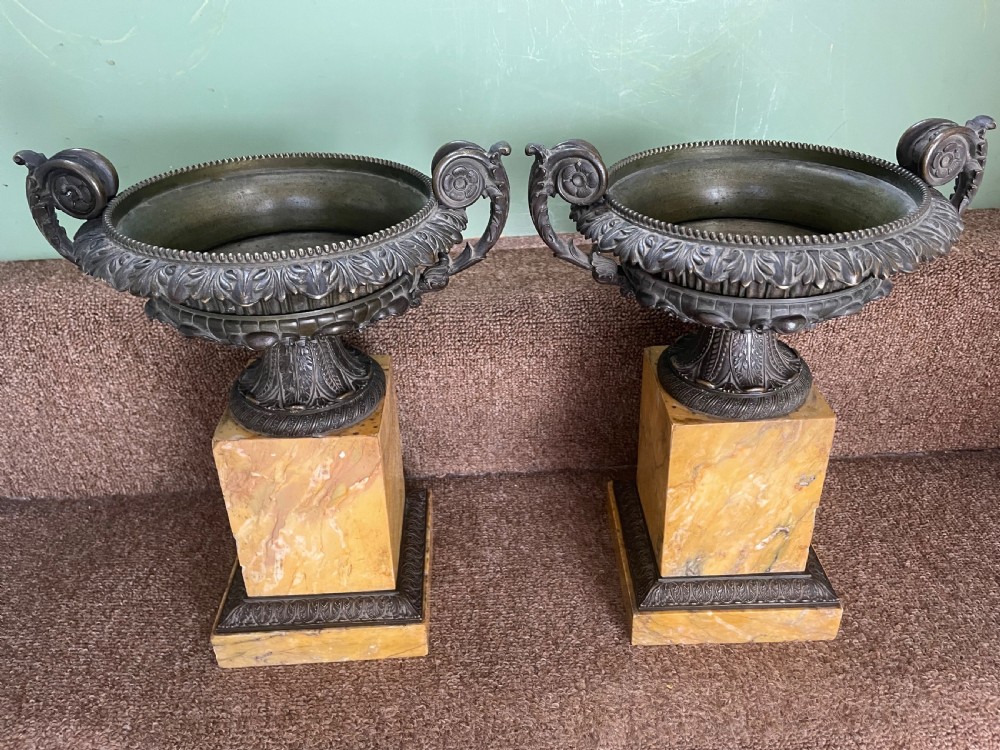 Larger scale pair of early C19th French Charles X period bronze tazzas on siena marble plinth bases . View V