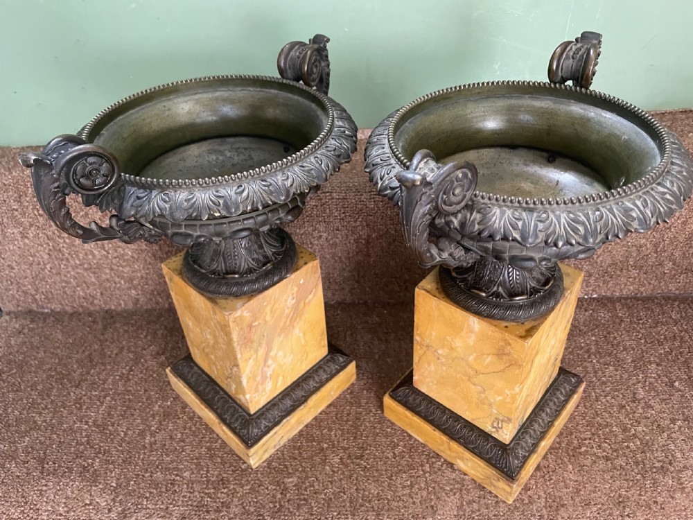 Larger scale pair of early C19th French Charles X period bronze tazzas on siena marble plinth bases . View VI