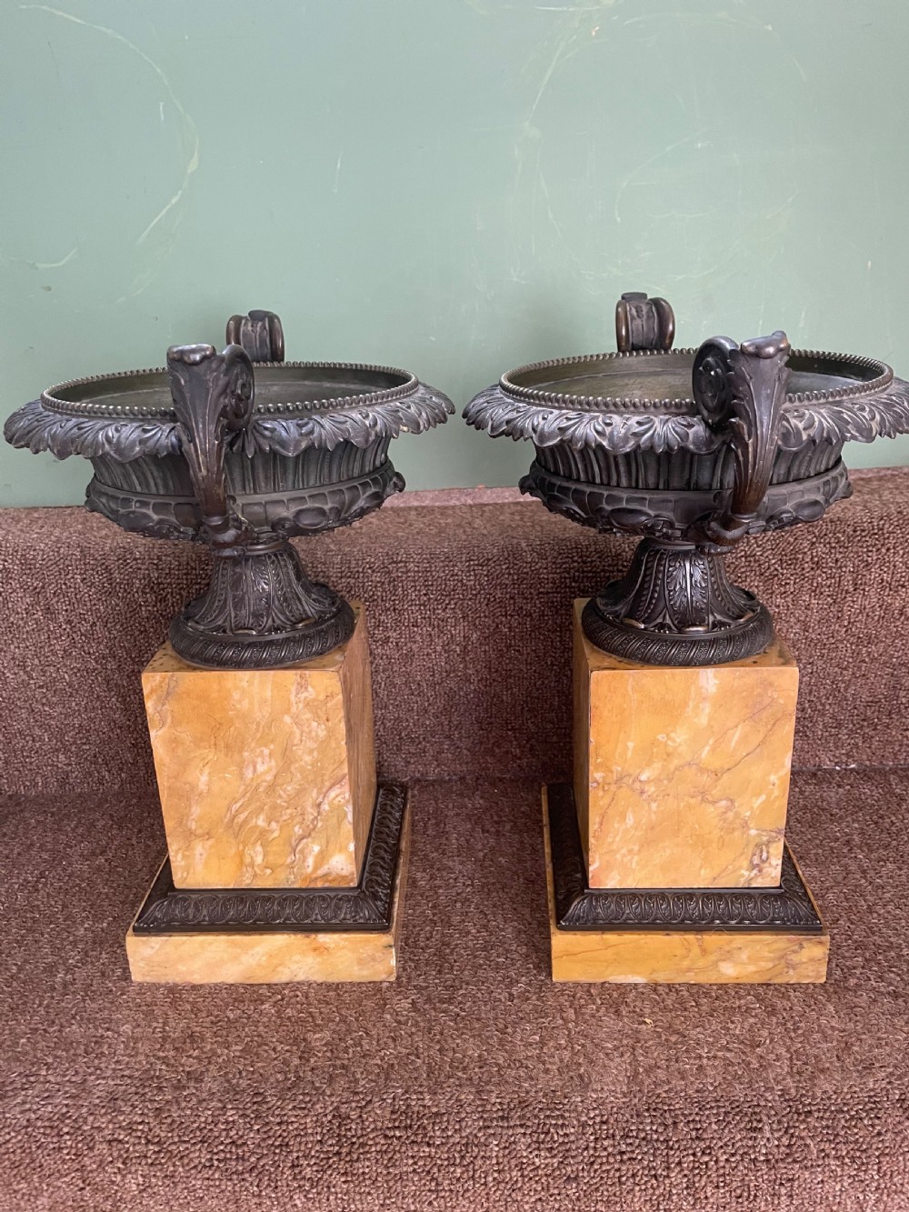 Larger scale pair of early C19th French Charles X period bronze tazzas on siena marble plinth bases . View VIII