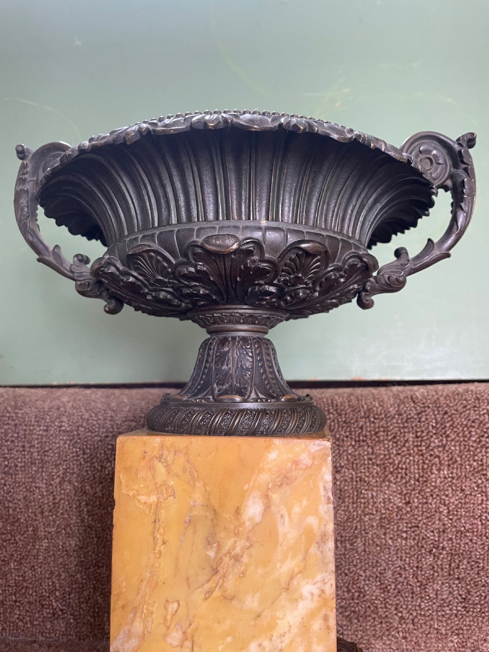 Larger scale pair of early C19th French Charles X period bronze tazzas on siena marble plinth bases . View IX