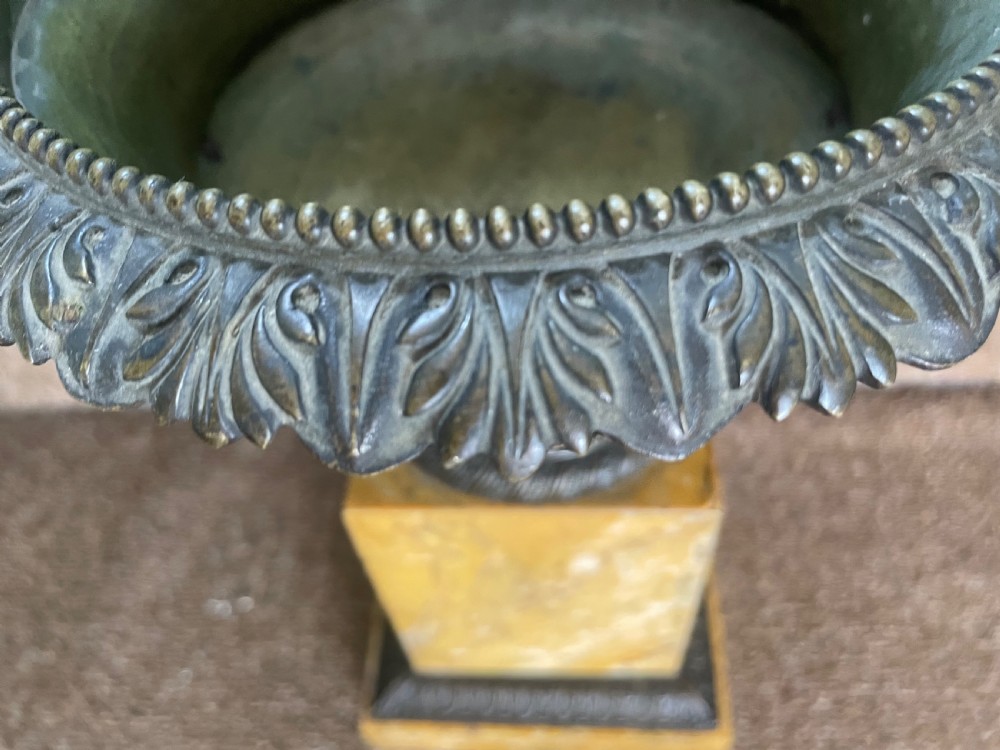 Larger scale pair of early C19th French Charles X period bronze tazzas on siena marble plinth bases . View X