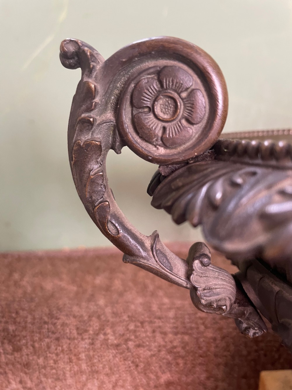 Larger scale pair of early C19th French Charles X period bronze tazzas on siena marble plinth bases . View XI