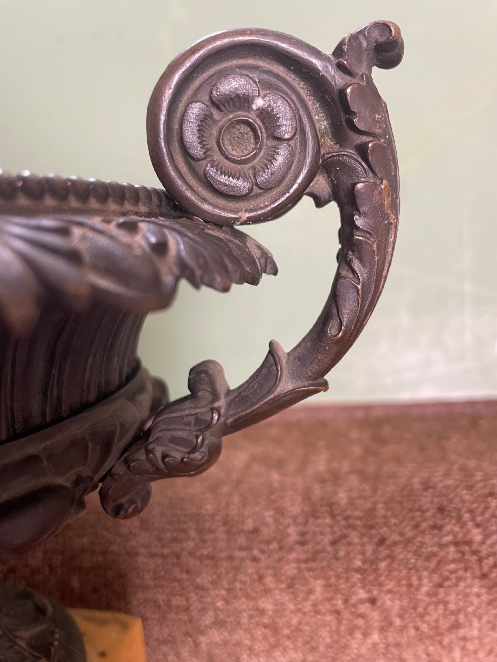Larger scale pair of early C19th French Charles X period bronze tazzas on siena marble plinth bases . View XII