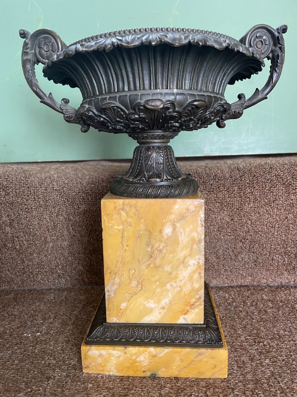 Larger scale pair of early C19th French Charles X period bronze tazzas on siena marble plinth bases . View XIII