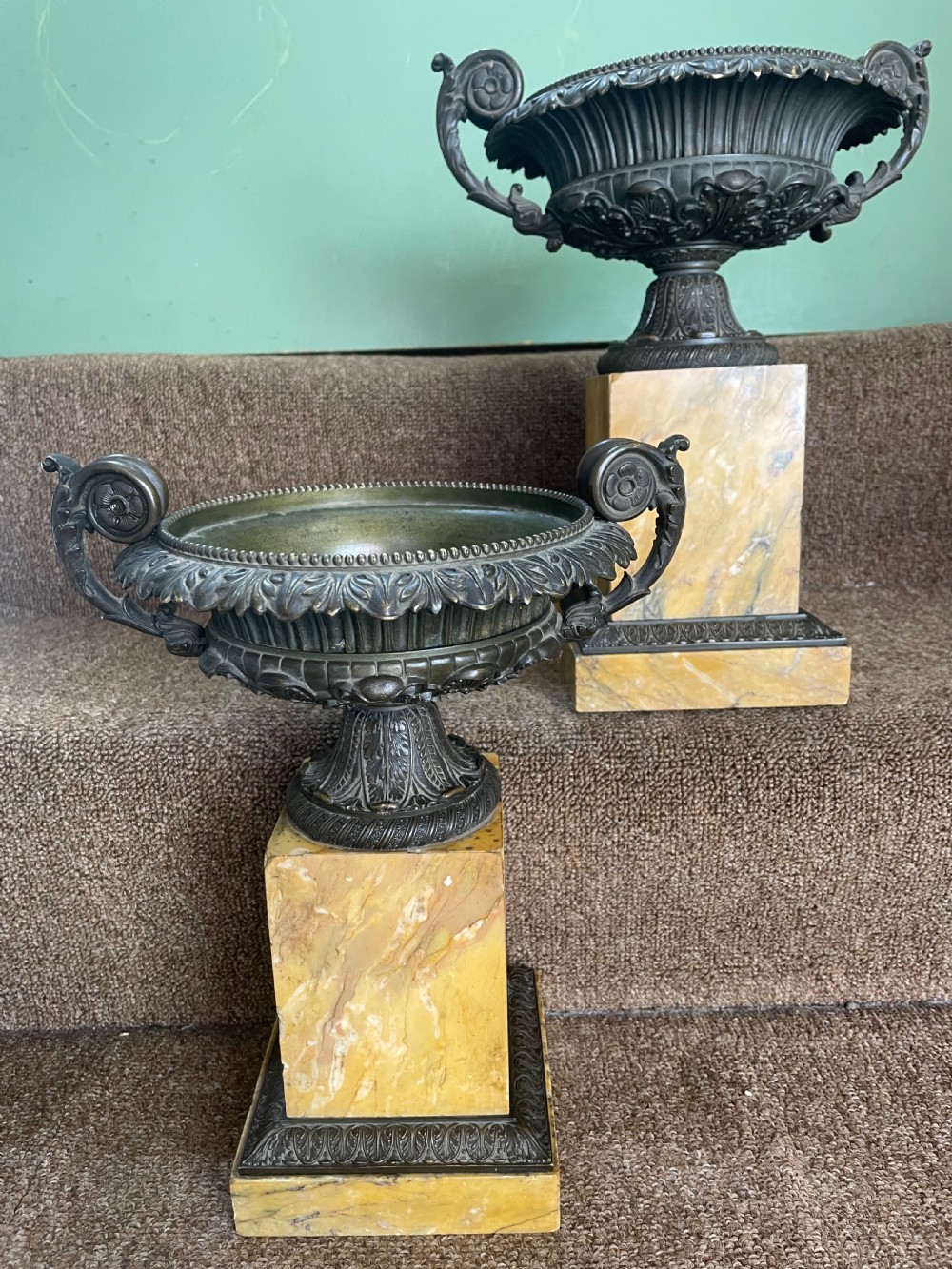 Larger scale pair of early C19th French Charles X period bronze tazzas on siena marble plinth bases . View XIV