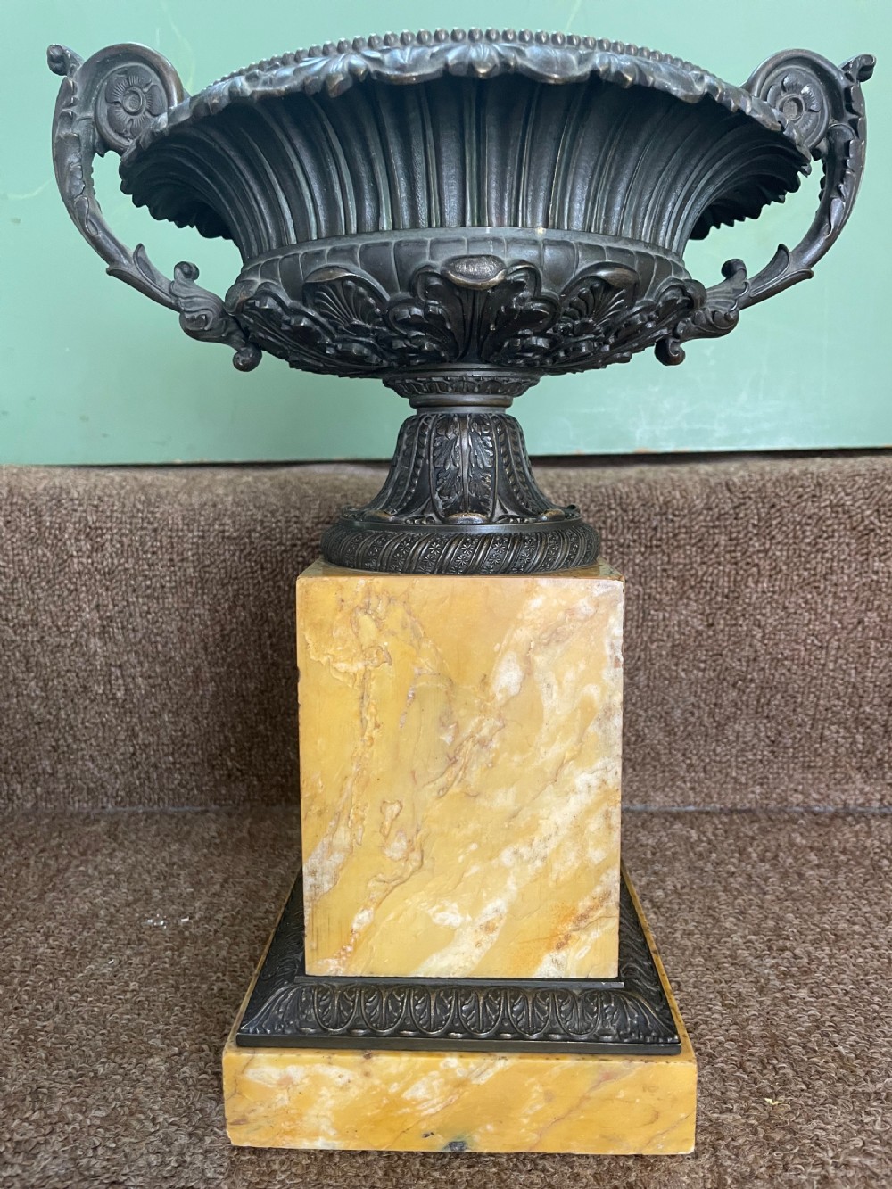 Larger scale pair of early C19th French Charles X period bronze tazzas on siena marble plinth bases . View XVI