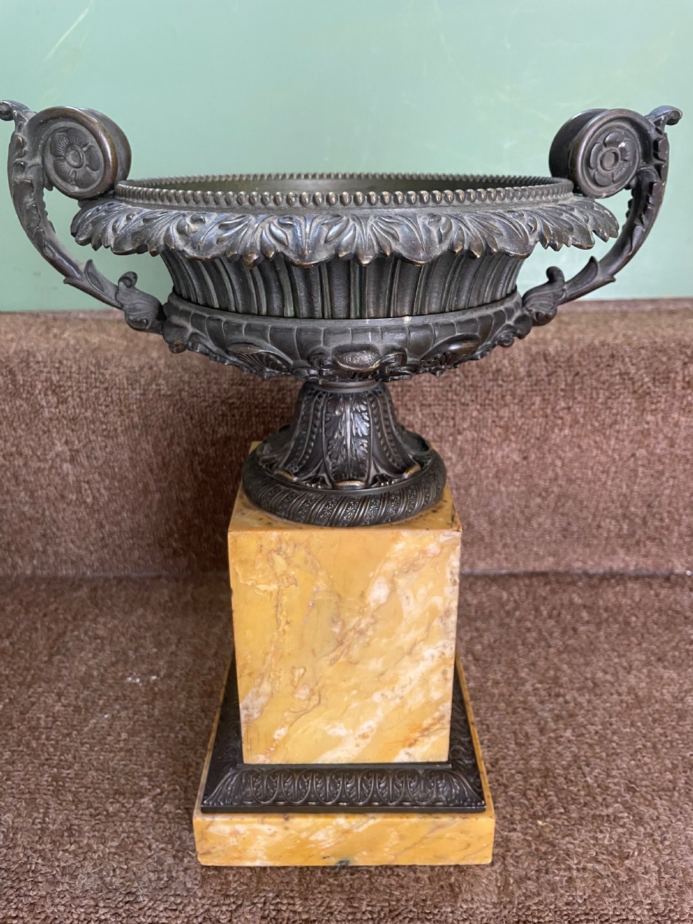 Larger scale pair of early C19th French Charles X period bronze tazzas on siena marble plinth bases . View XVII