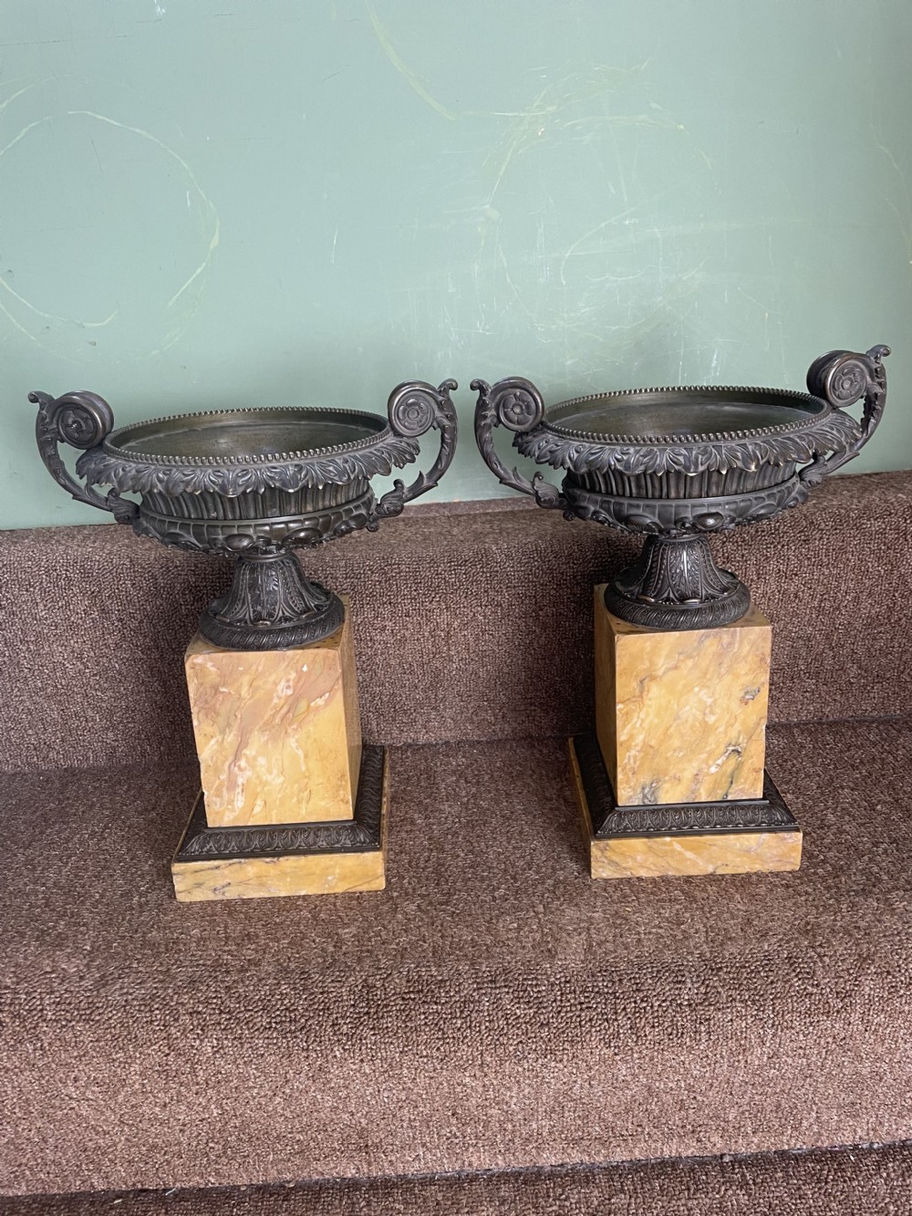 Larger scale pair of early C19th French Charles X period bronze tazzas on siena marble plinth bases . View XIX