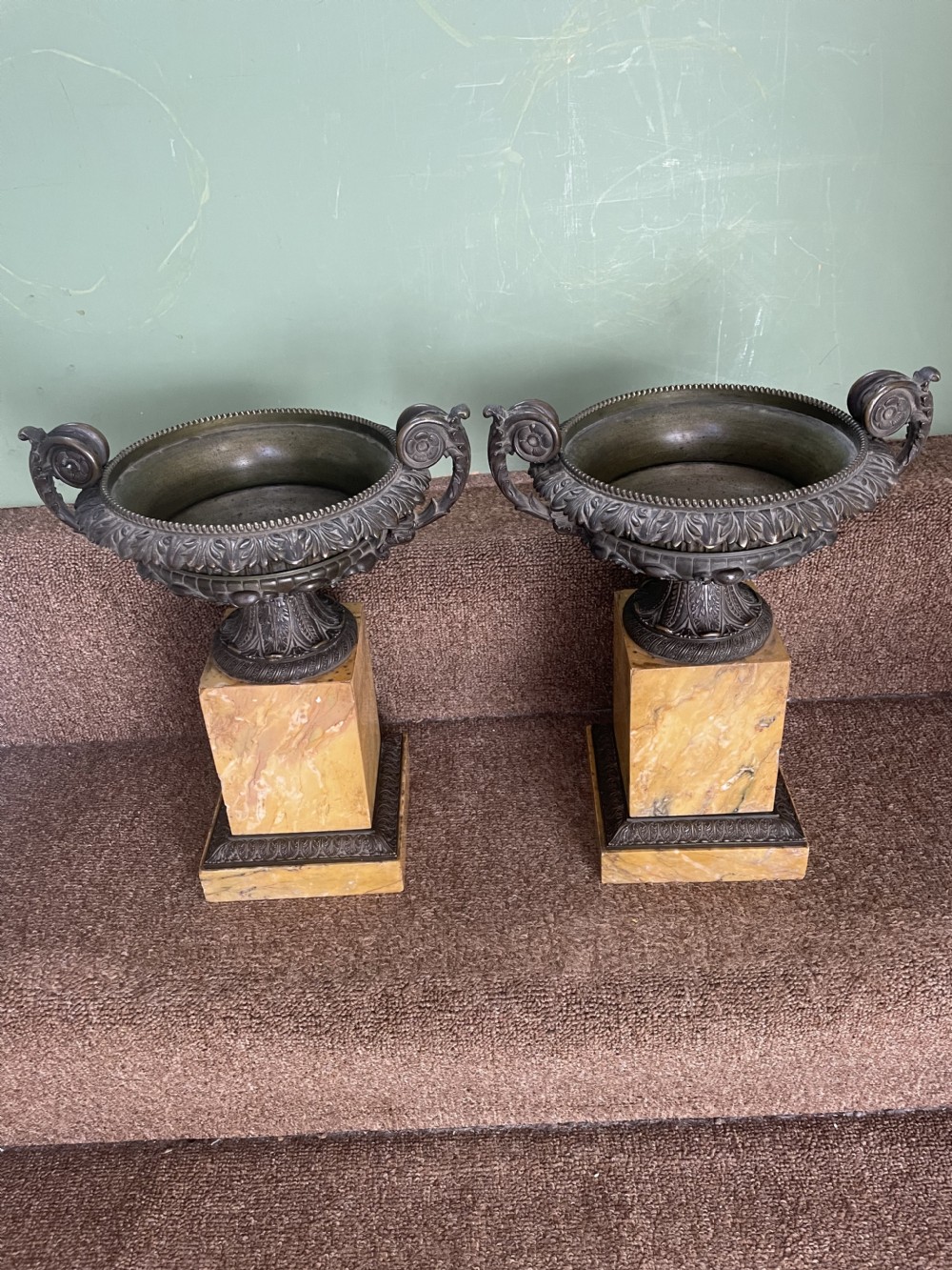 Larger scale pair of early C19th French Charles X period bronze tazzas on siena marble plinth bases . View XX