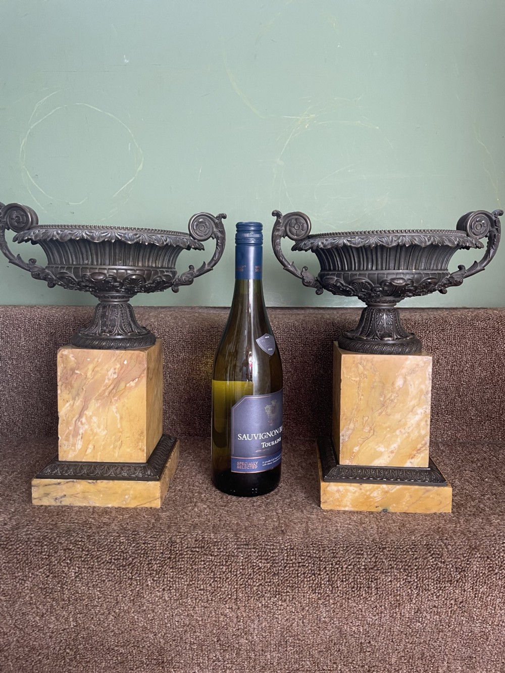 Larger scale pair of early C19th French Charles X period bronze tazzas on siena marble plinth bases . View XXI