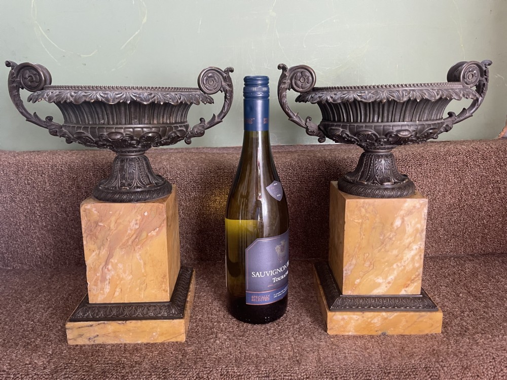Larger scale pair of early C19th French Charles X period bronze tazzas on siena marble plinth bases . View XV