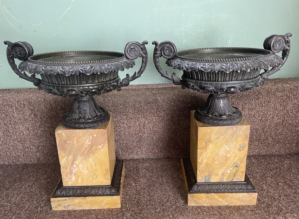 Larger scale pair of early C19th French Charles X period bronze tazzas on siena marble plinth bases . View XVIII