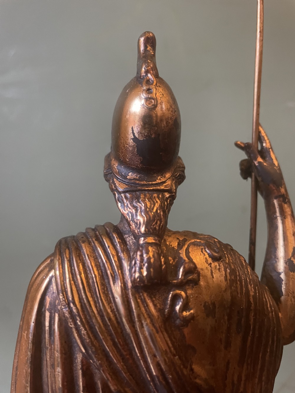 A nineteenth-century gilded bronze sculpture depicting the classical goddess Athena holding a spear, standing on a dark marble base. View XX