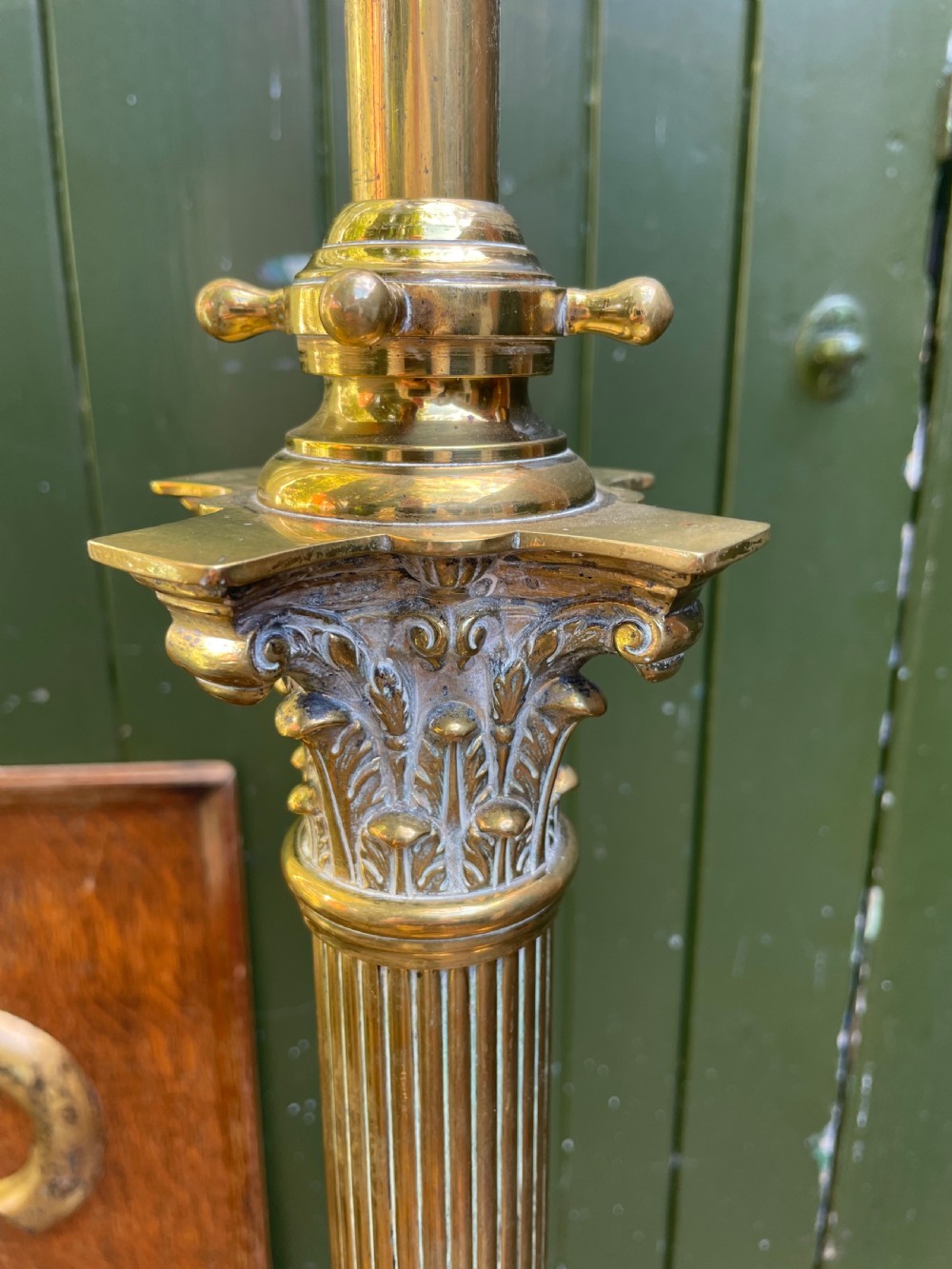 Scarce pair of high quality late C19th/ early C20th brass neo-classical style corinthian column telescopic standard lamps. View II