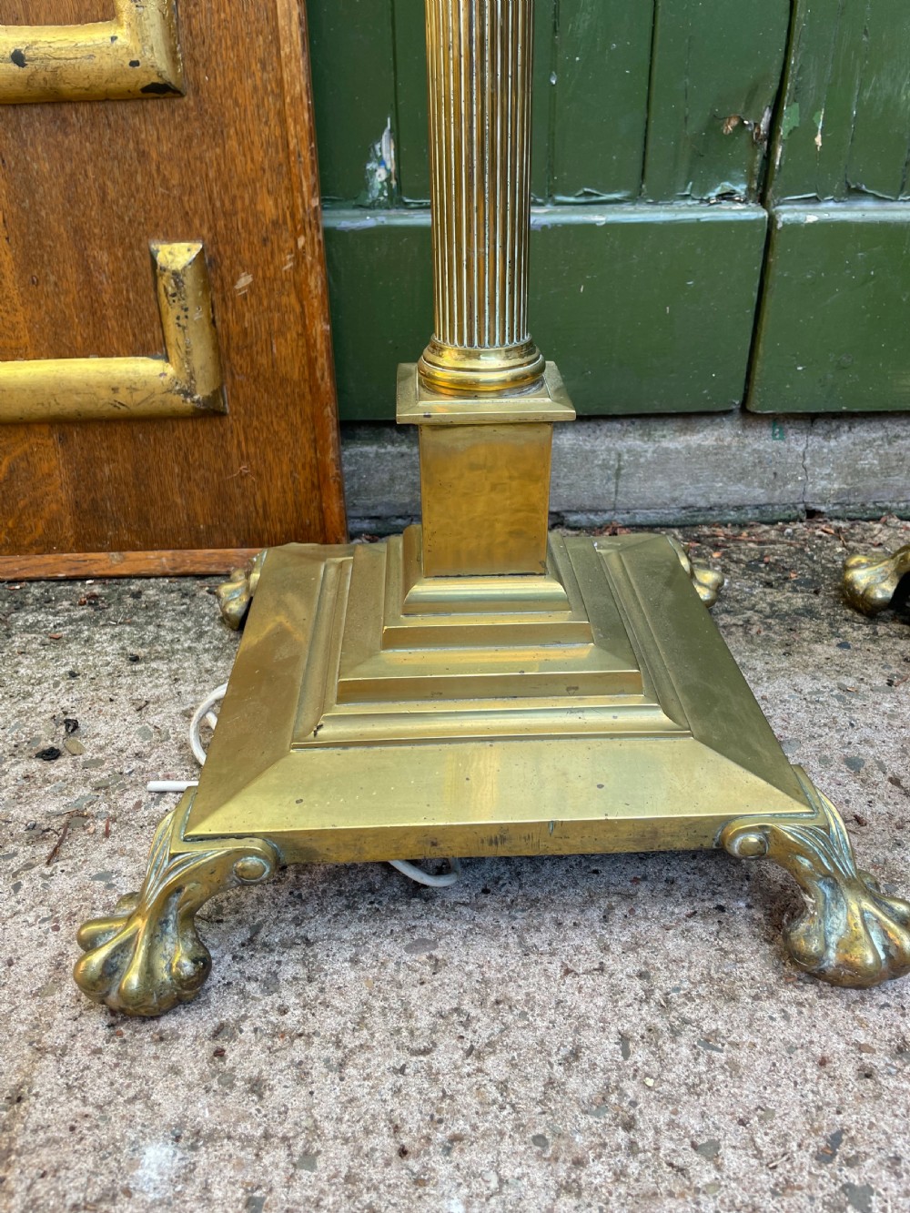 Scarce pair of high quality late C19th/ early C20th brass neo-classical style corinthian column telescopic standard lamps. View V
