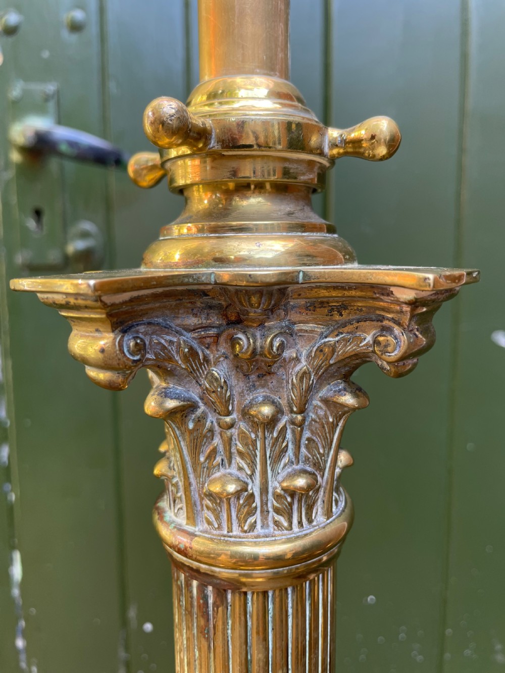 Scarce pair of high quality late C19th/ early C20th brass neo-classical style corinthian column telescopic standard lamps. View VI