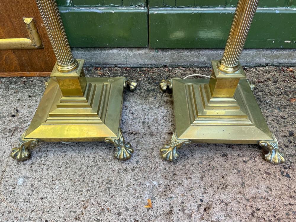 Scarce pair of high quality late C19th/ early C20th brass neo-classical style corinthian column telescopic standard lamps. View X