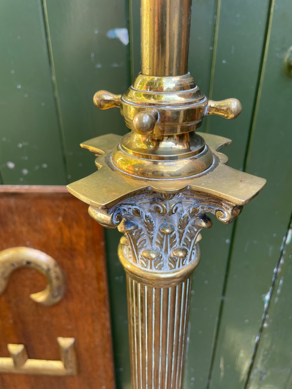 Scarce pair of high quality late C19th/ early C20th brass neo-classical style corinthian column telescopic standard lamps. View XII