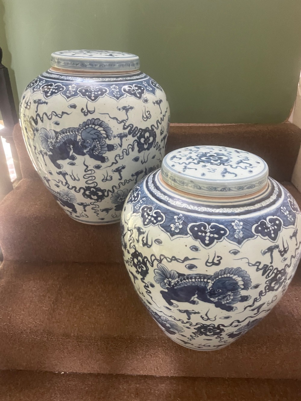 Pair of large scale early C20th Chinese ‘Ming-style’ blue-and-white porcelain vases and covers .  View II
