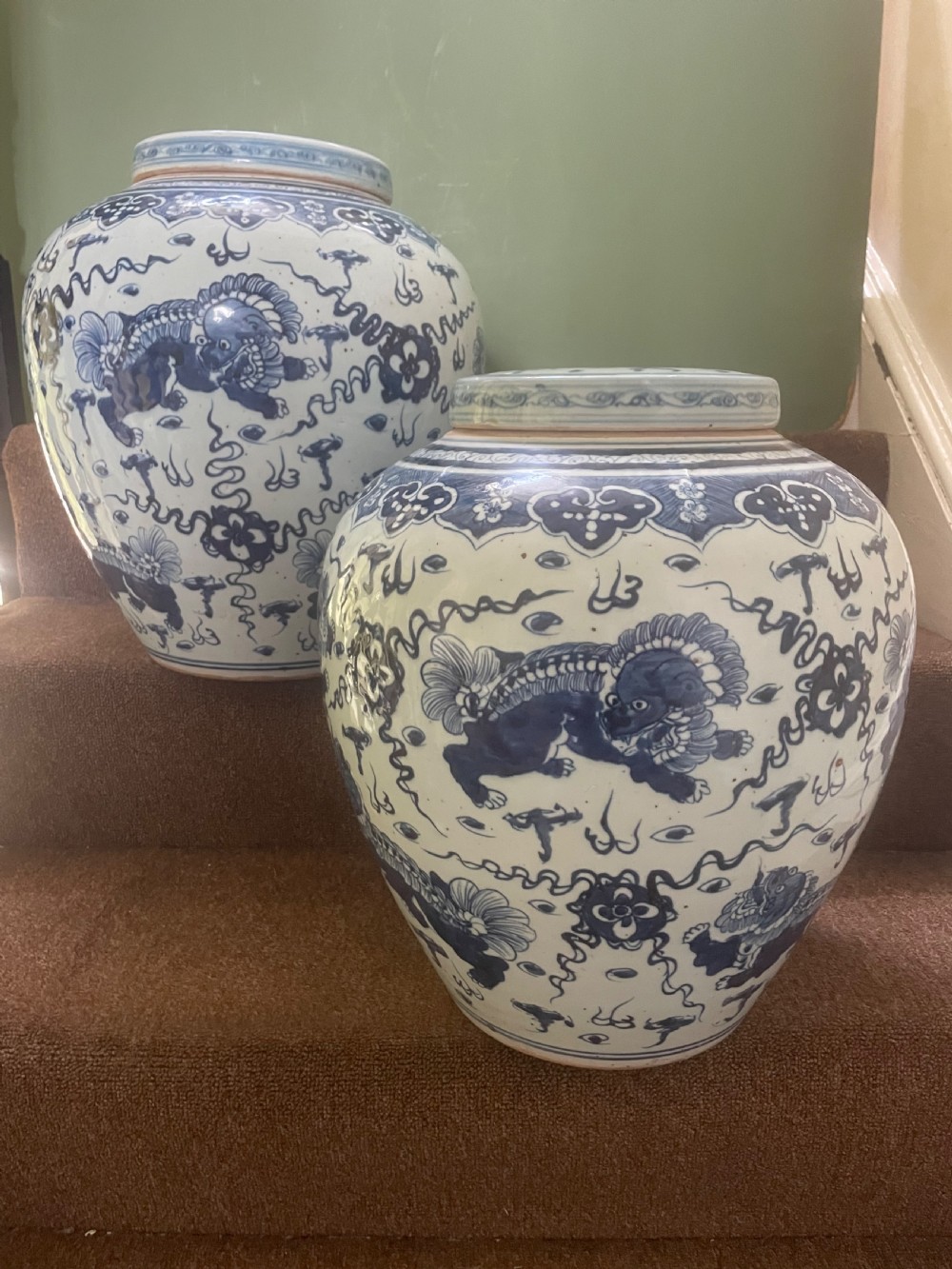 Pair of large scale early C20th Chinese ‘Ming-style’ blue-and-white porcelain vases and covers .  View III