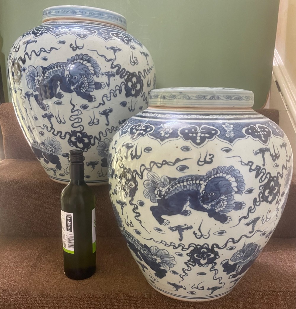 Pair of large scale early C20th Chinese ‘Ming-style’ blue-and-white porcelain vases and covers .  View IV