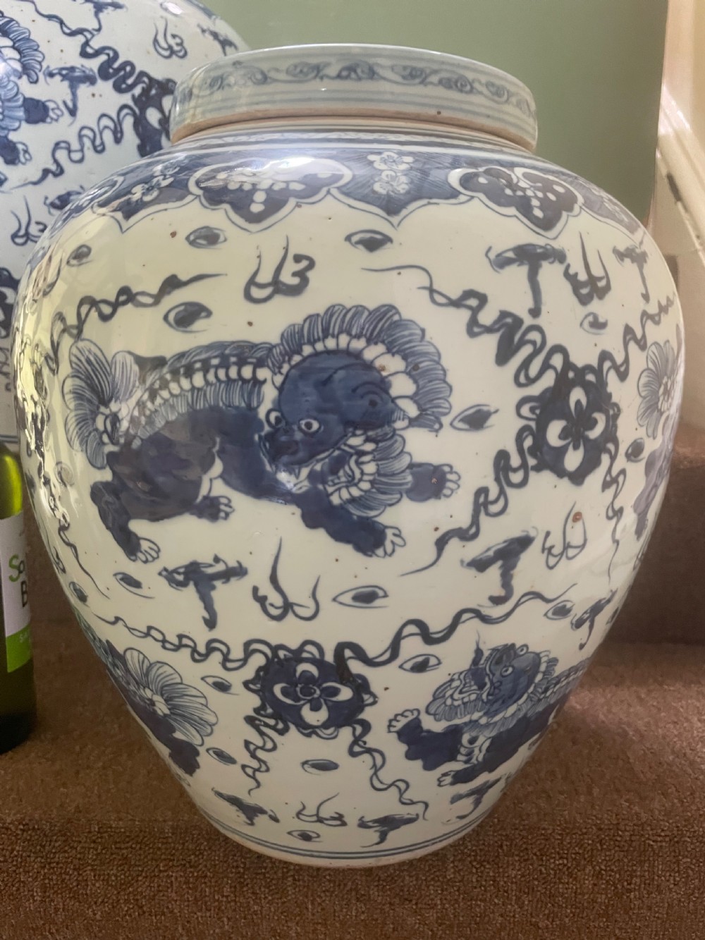 Pair of large scale early C20th Chinese ‘Ming-style’ blue-and-white porcelain vases and covers .  View V