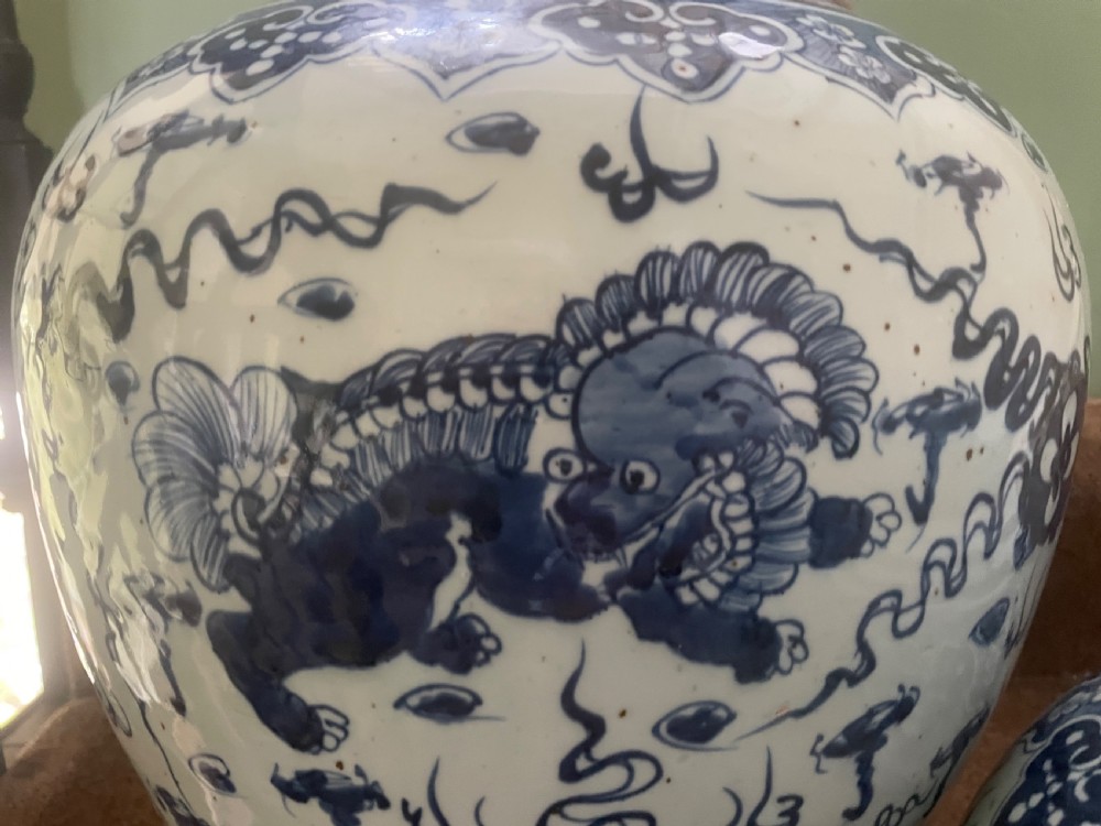 Pair of large scale early C20th Chinese ‘Ming-style’ blue-and-white porcelain vases and covers .  View VI