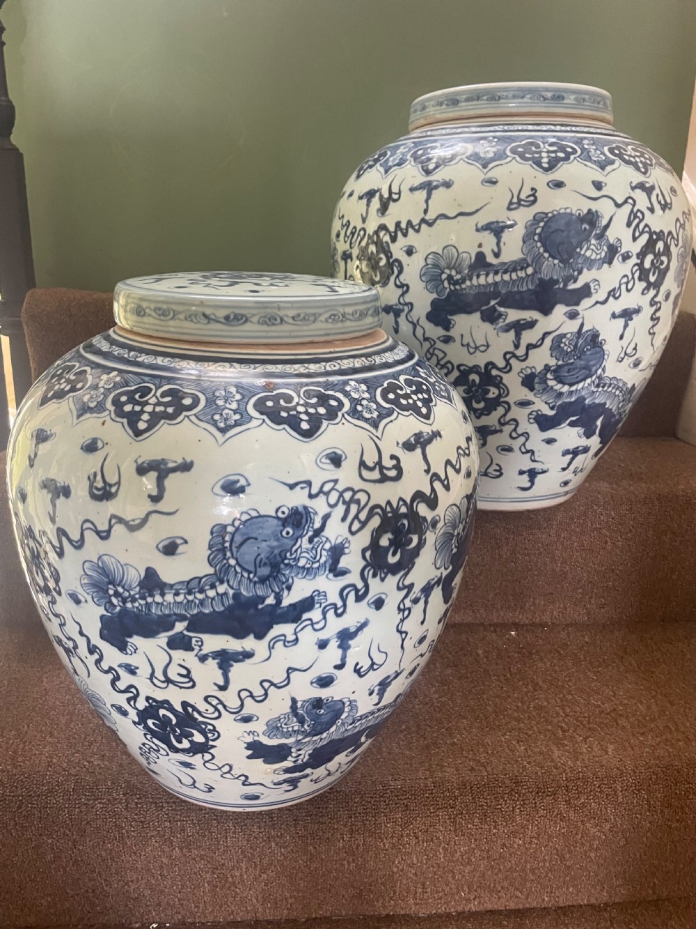 Pair of large scale early C20th Chinese ‘Ming-style’ blue-and-white porcelain vases and covers .  View XIV