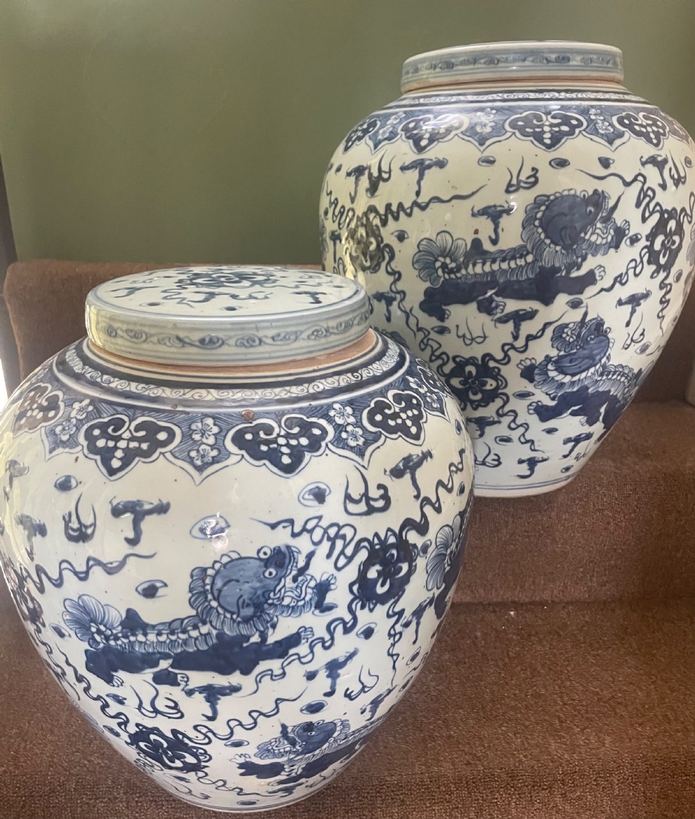 Pair of large scale early C20th Chinese ‘Ming-style’ blue-and-white porcelain vases and covers .  View XV