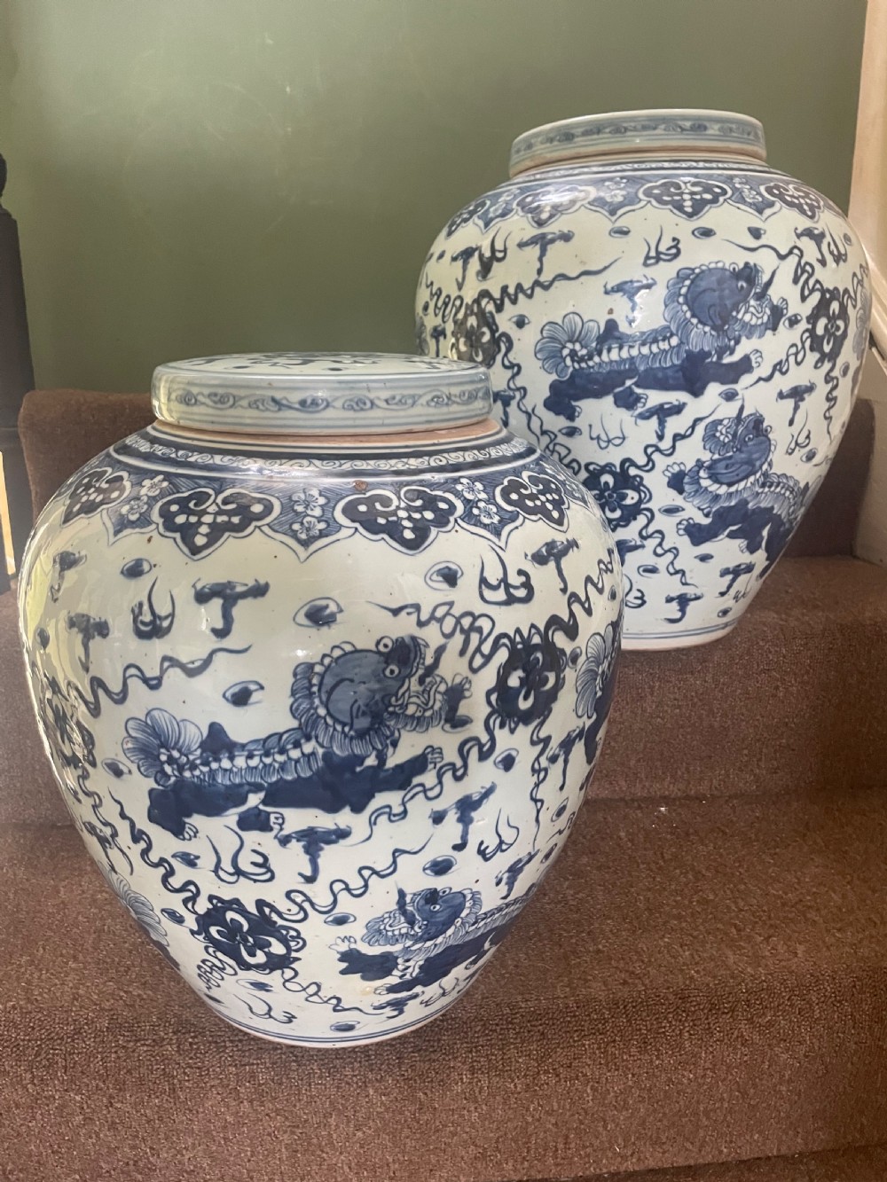Pair of large scale early C20th Chinese ‘Ming-style’ blue-and-white porcelain vases and covers .  View XX