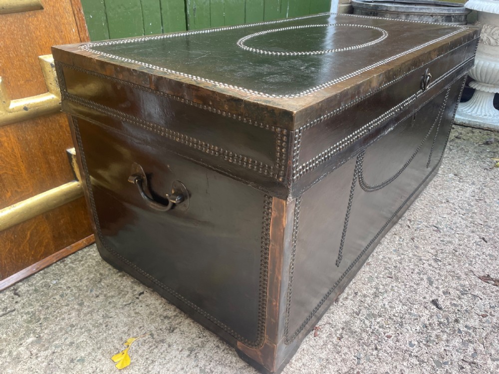 Large scale early C19th Chinese export leather and brass-bound signed camphor trunk . 
 View III