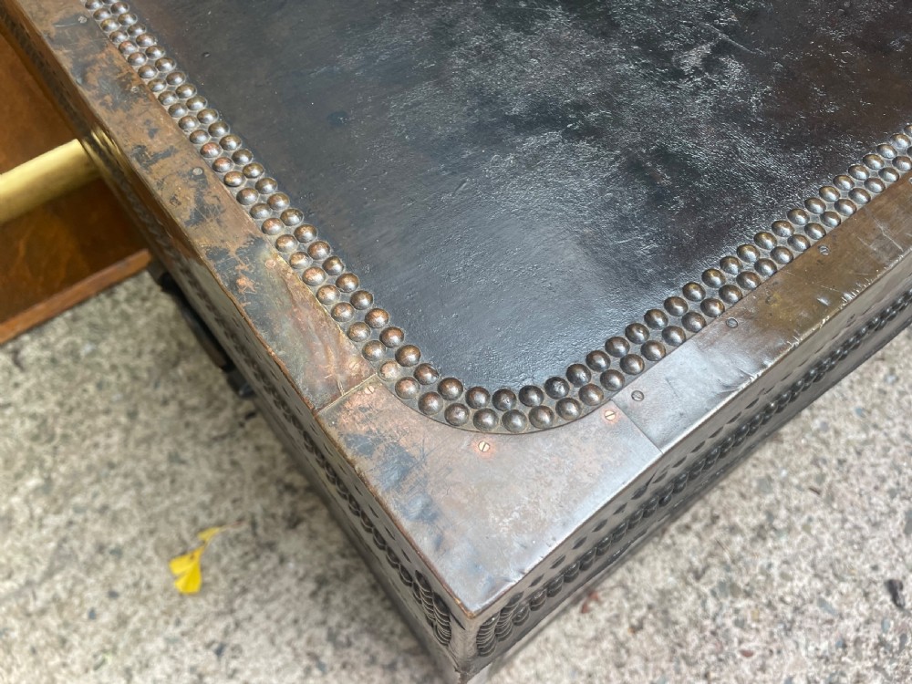 Large scale early C19th Chinese export leather and brass-bound signed camphor trunk . 
 View V