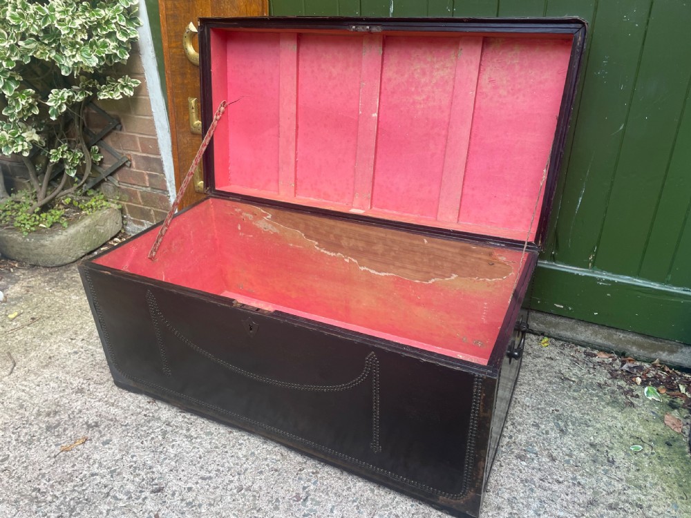 Large scale early C19th Chinese export leather and brass-bound signed camphor trunk . 
 View IX