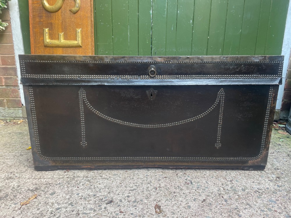 Large scale early C19th Chinese export leather and brass-bound signed camphor trunk . 
 View X