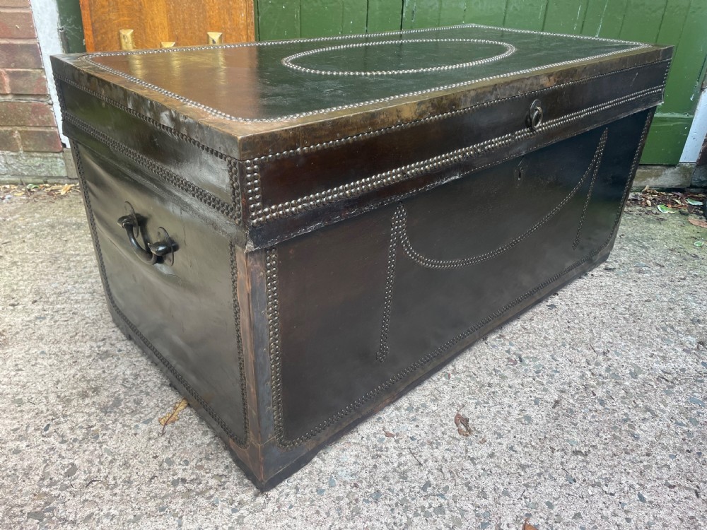 Large scale early C19th Chinese export leather and brass-bound signed camphor trunk . 
 View XIII